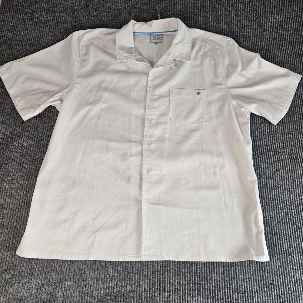 Steve Harvey Collection Shirt Mens 2XL White Linen‎ Blend Short Sleeve Button